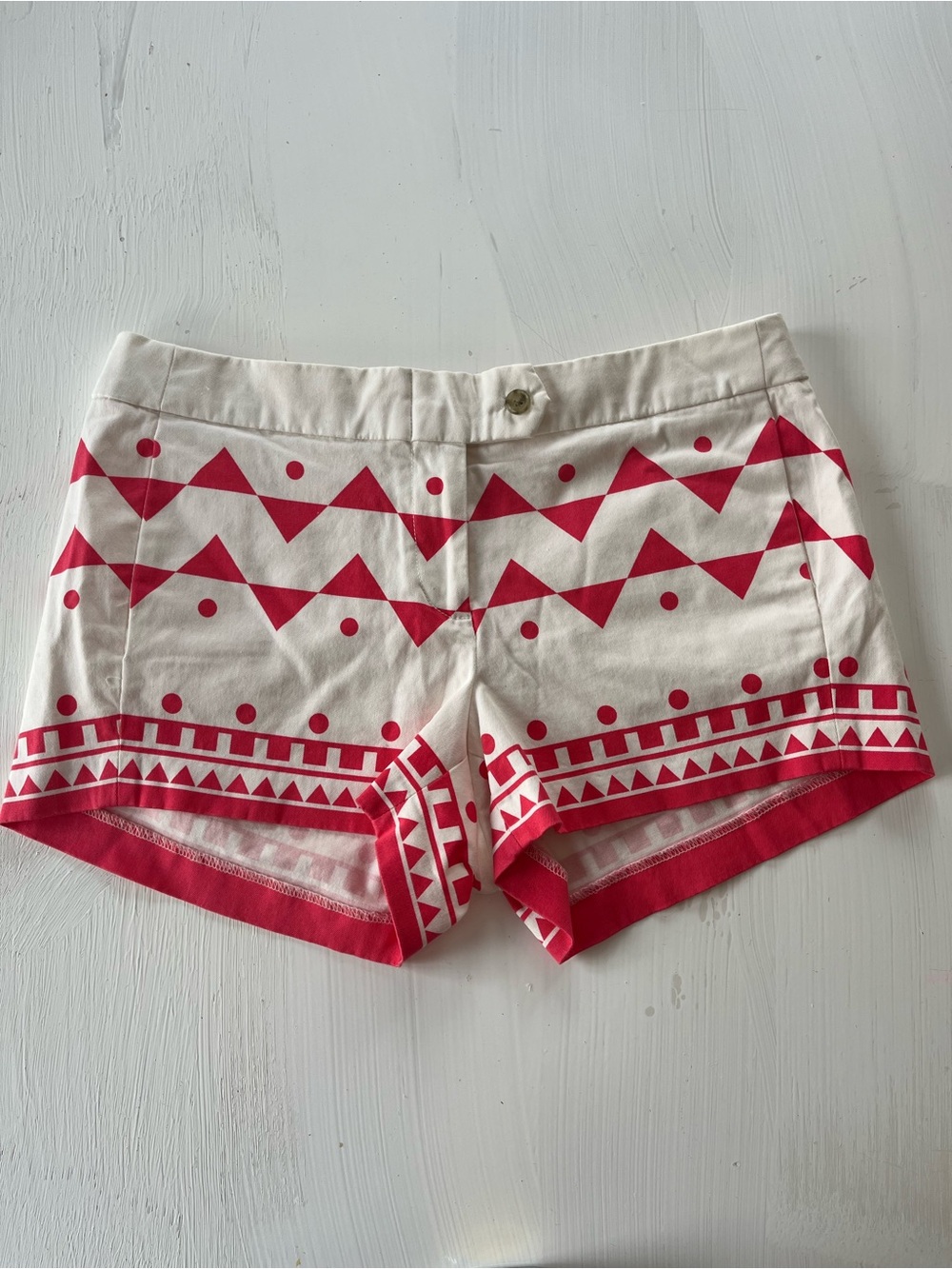 J. Crew White High-Waist Cotton Shorts with Red Geometric Trim